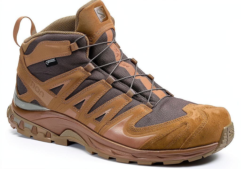 Salomon XA Forces Mid GTX tactical boot in Coyote color on rugged terrain