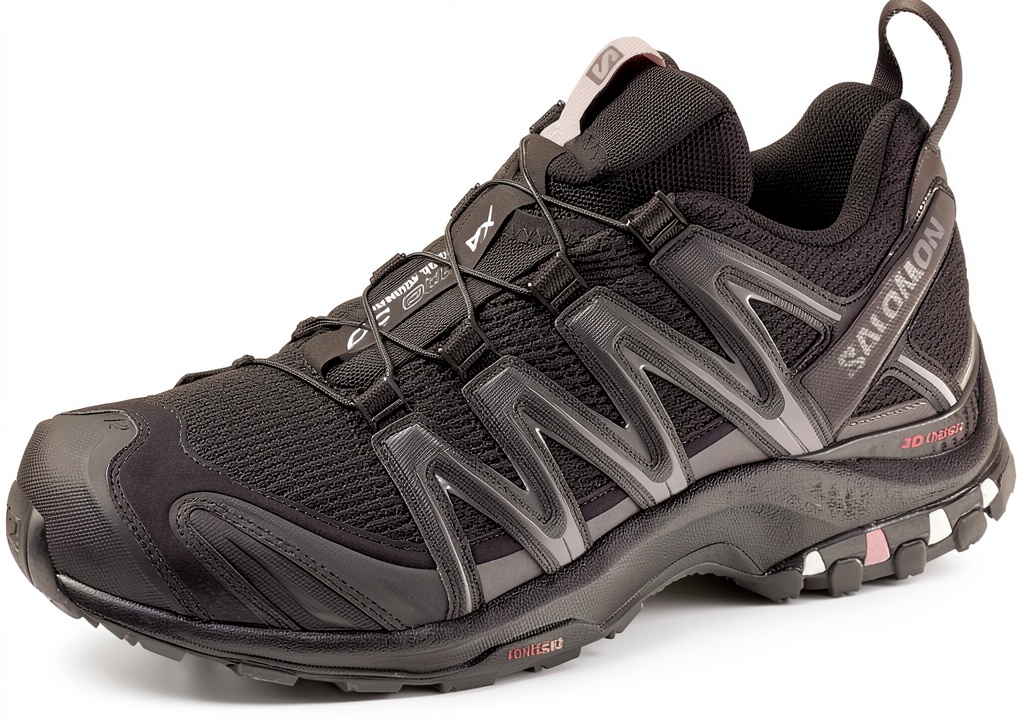 Installing Salomon Mens Hiking Shoes Trail Running Grip Stability on a rocky trail