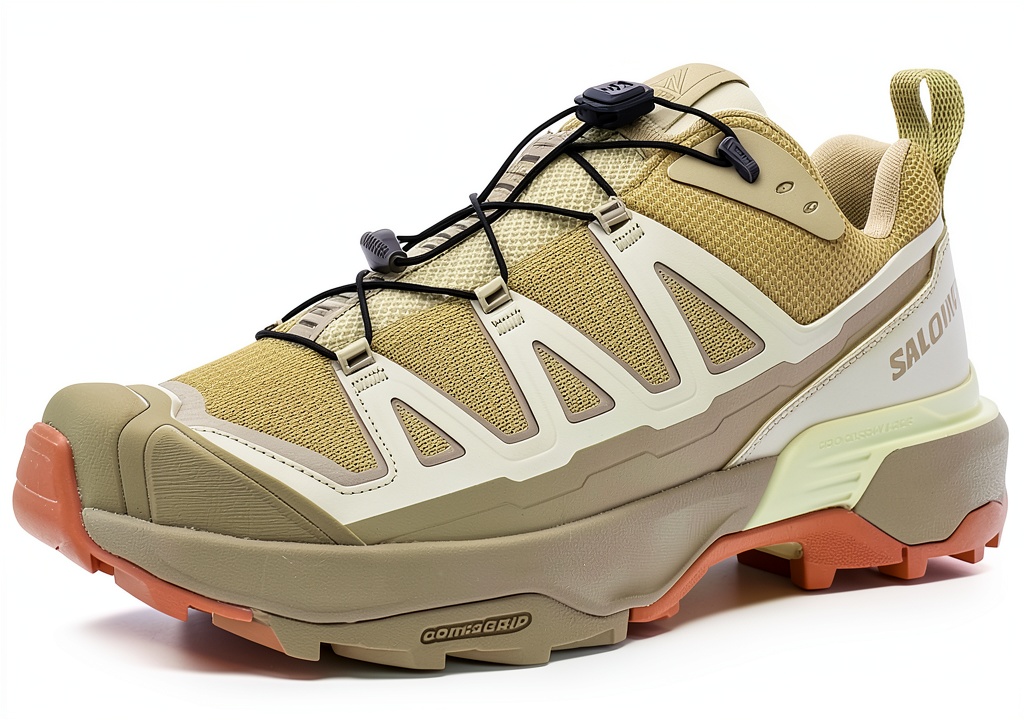 Unboxing Salomon Mens Hiking Shoes Synthetic Rubber Slate Green on a wooden desk