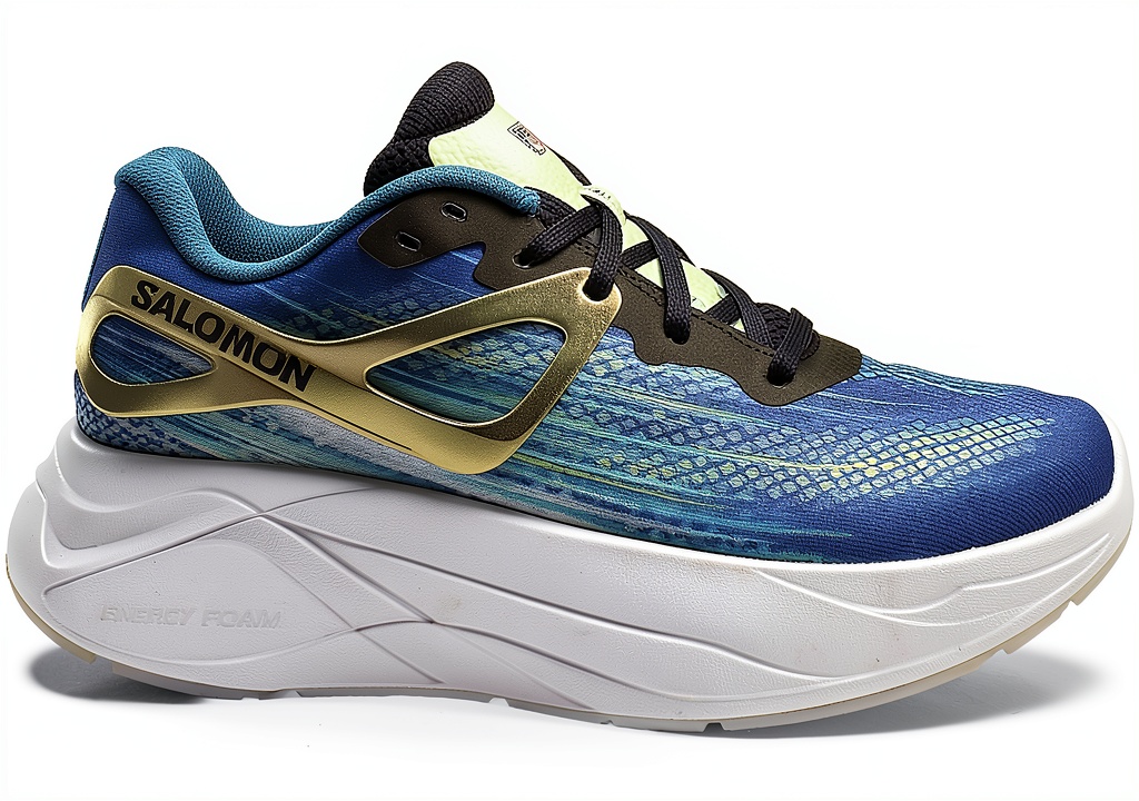 Installing Salomon Mens Running Shoes Synthetic Rubber Blue Ashes on a wooden desk