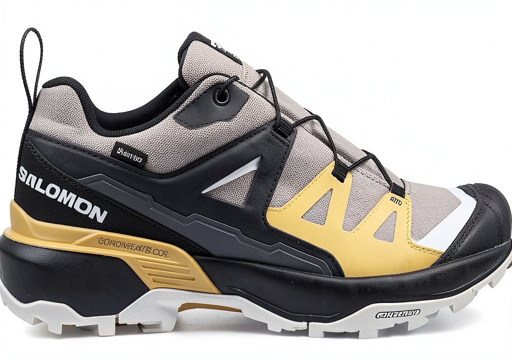 Salomon off-white mens shoes in cream color on a trail