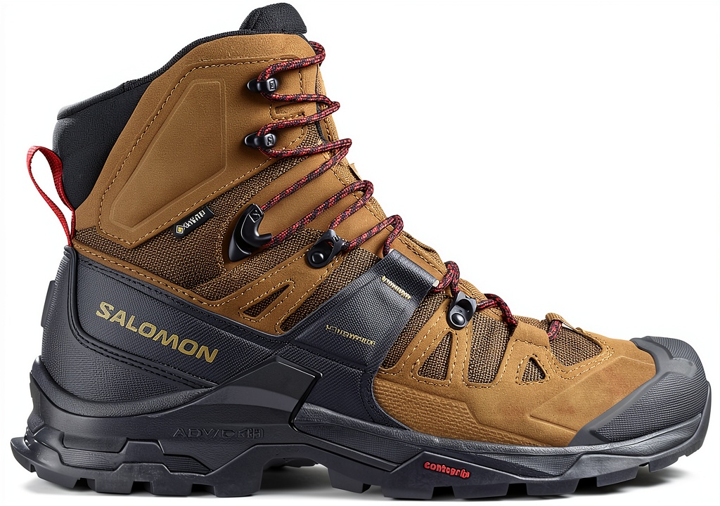 Mens hiking boots on a rocky trail showcasing the rubber sole