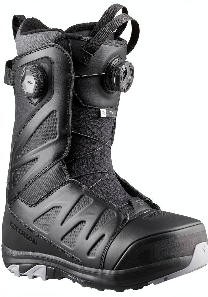 Salomon womens snowboard boots in Black/Black/Lilac Gray color on a snowy slope
