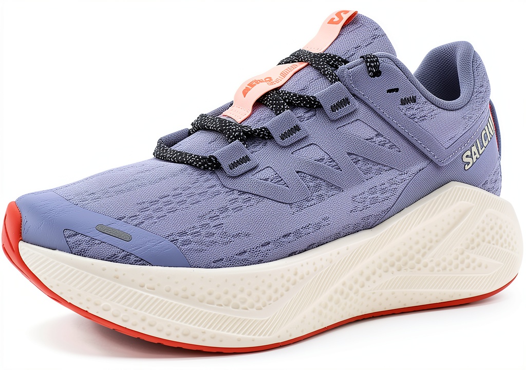 Salomon womens running shoes in Fusion Coral color on a running track