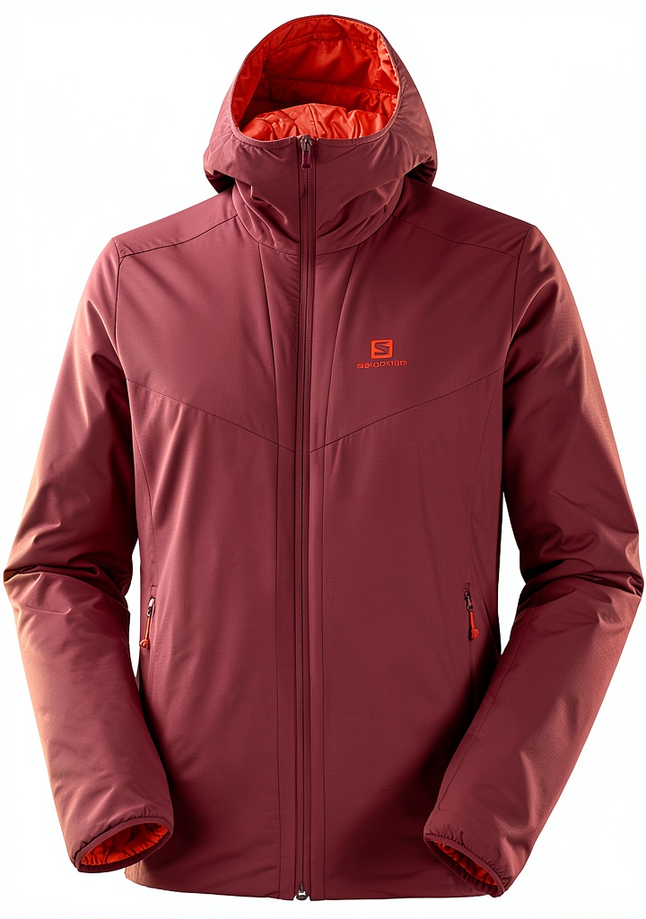Salomon Men's Drifter Loft Hoodie being worn on a snowy trail, showing the adjustable hood and front pocket