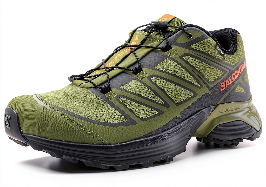 Salomon hiking shoes in Deep Lichen Green color on a rocky trail