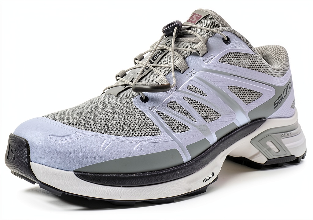 Salomon trail running shoes on a rocky path
