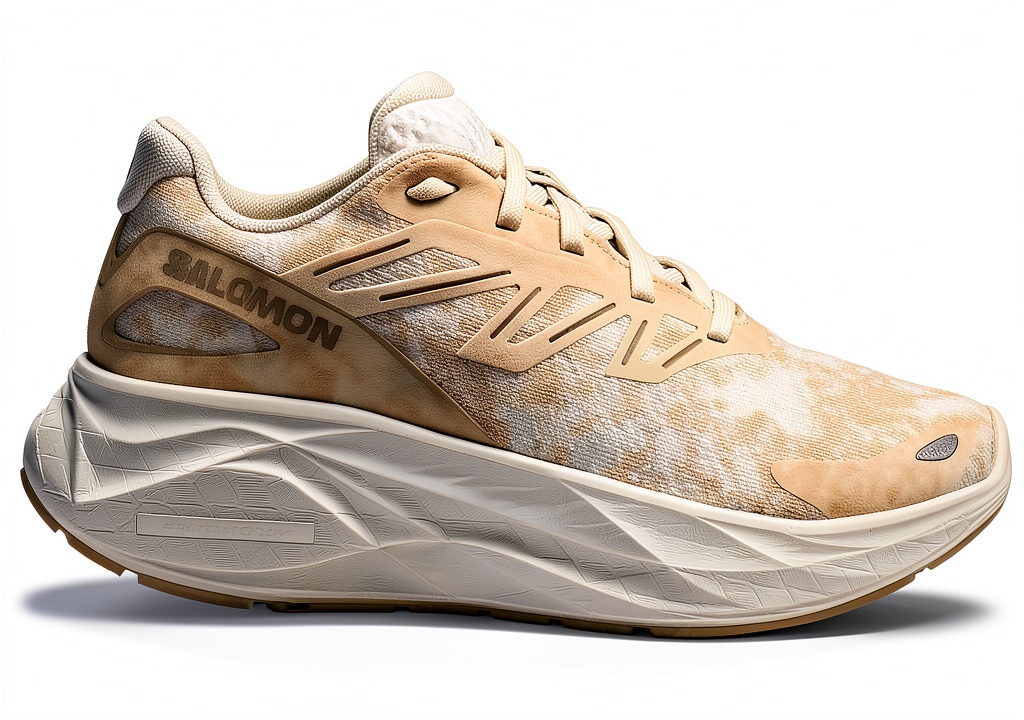 Salomon White Opulent Garden Trail Running Shoes unboxed on a wooden tabletop