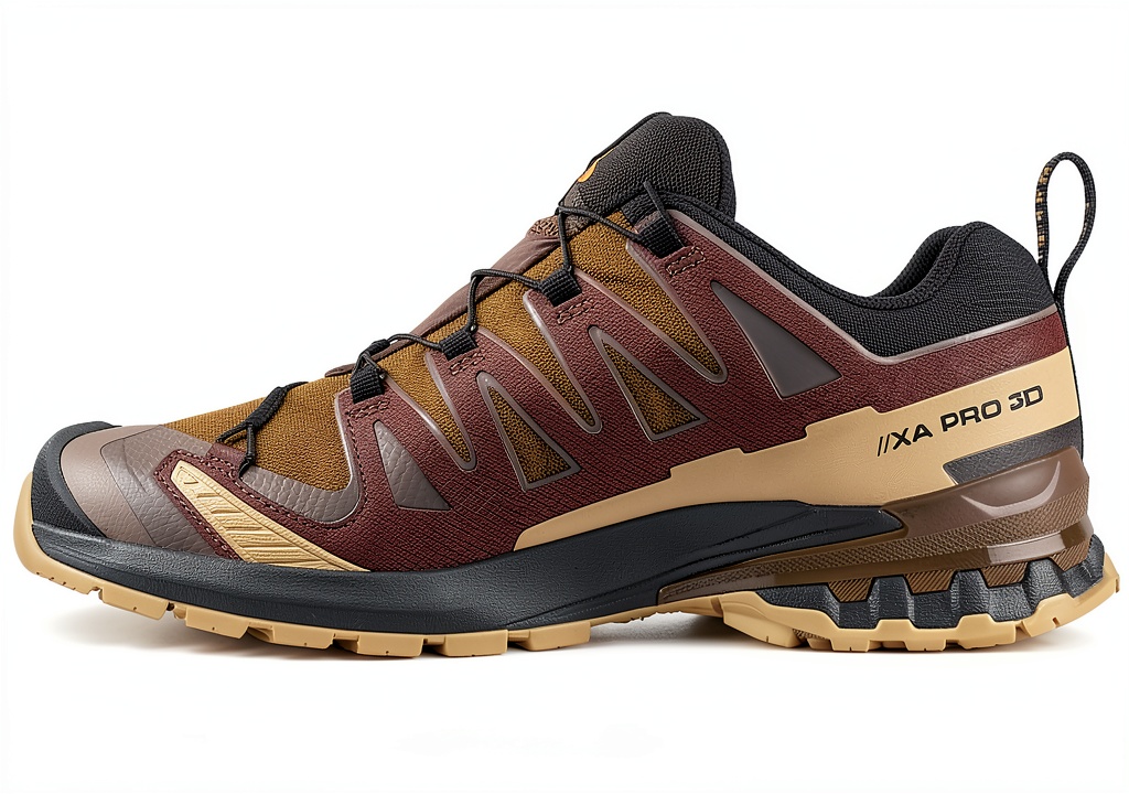 Salomon trail running shoes on a forest trail